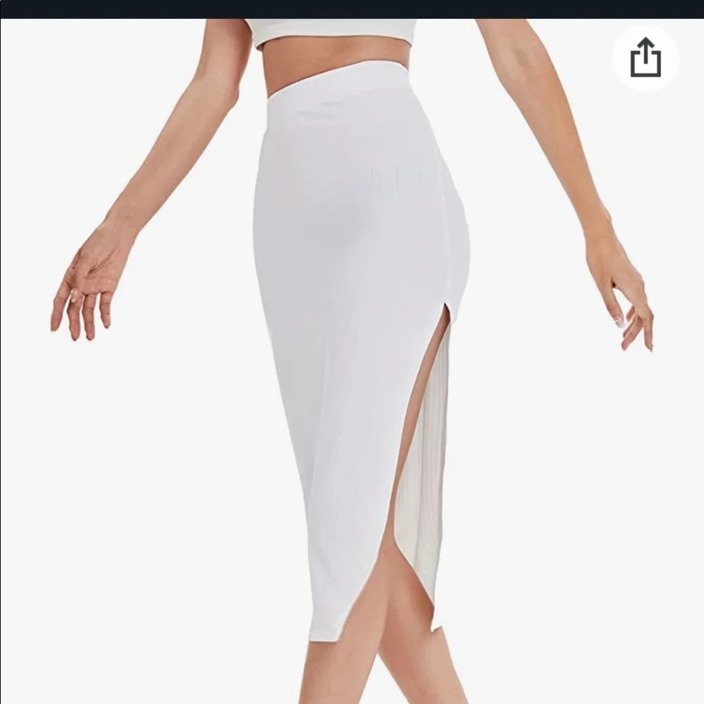 White Ribbed Knit Midi Skirt with Side Slit-sizeXL